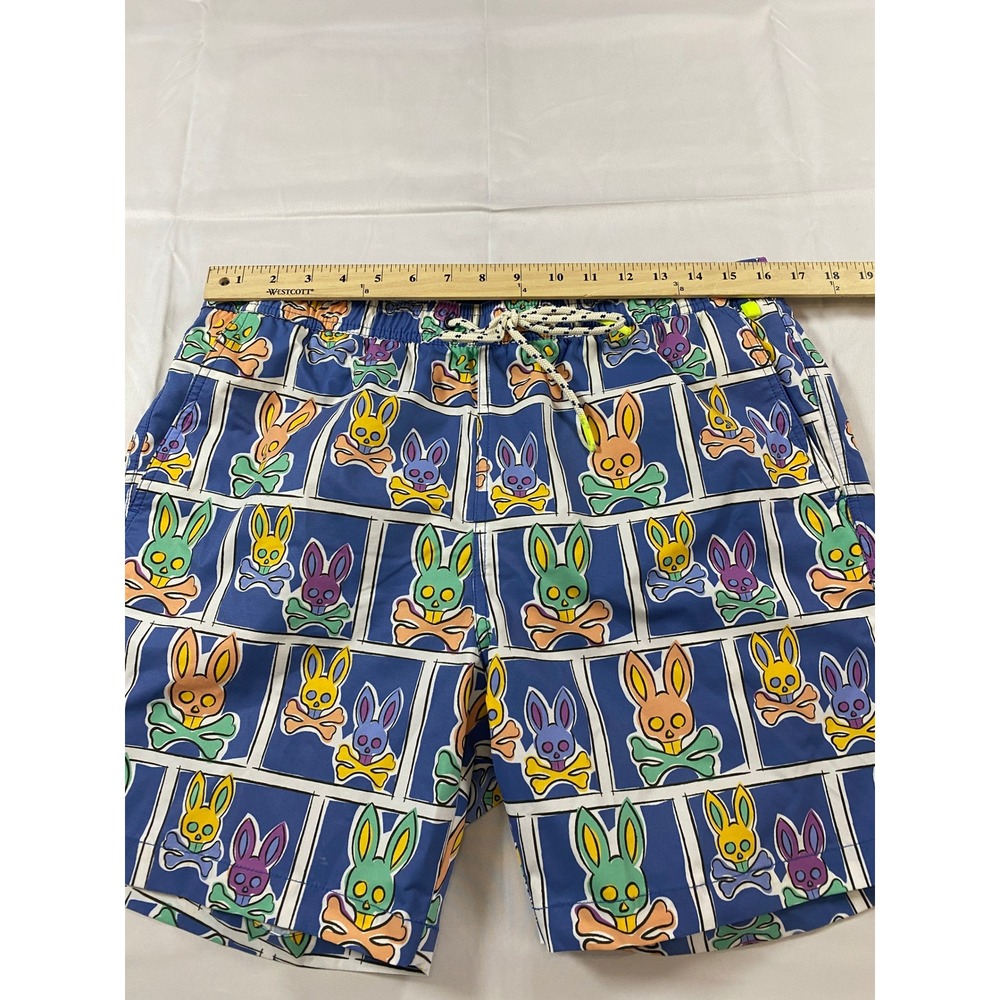 Psycho Bunny Mens Blue Multi Bunny Skull Grid Print Swim Trunks Size L 5.5" - Picture 7 of 9